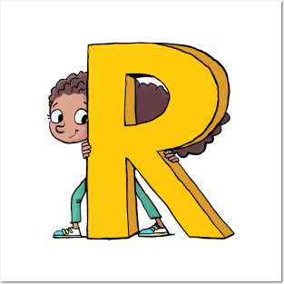 girl hides behind the capital letter R Posters and Art